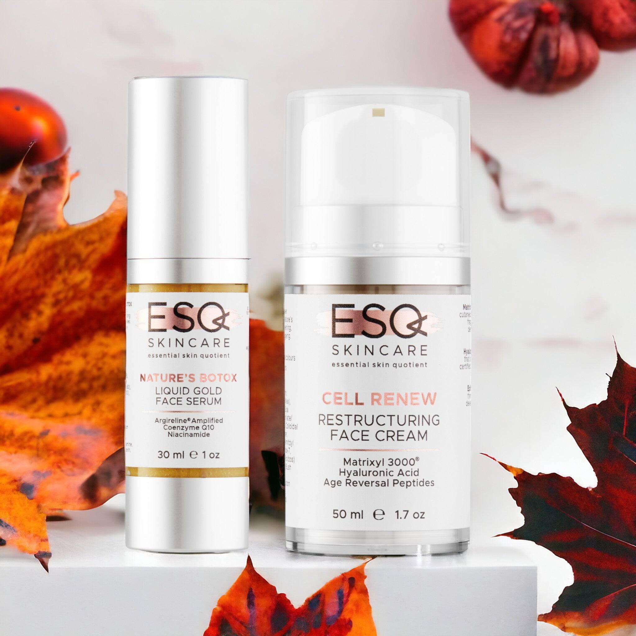 ESQ Skincare Nourish and Protect Gift Set – includes Cell Renew Restructuring Face Cream and Nature’s Botox Liquid Gold Face Serum designed to hydrate, firm, and rejuvenate skin for a youthful, radiant complexion